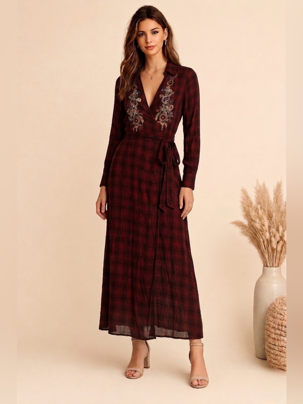 Zara - Wrap Maxi Dress with Floral Embroidery